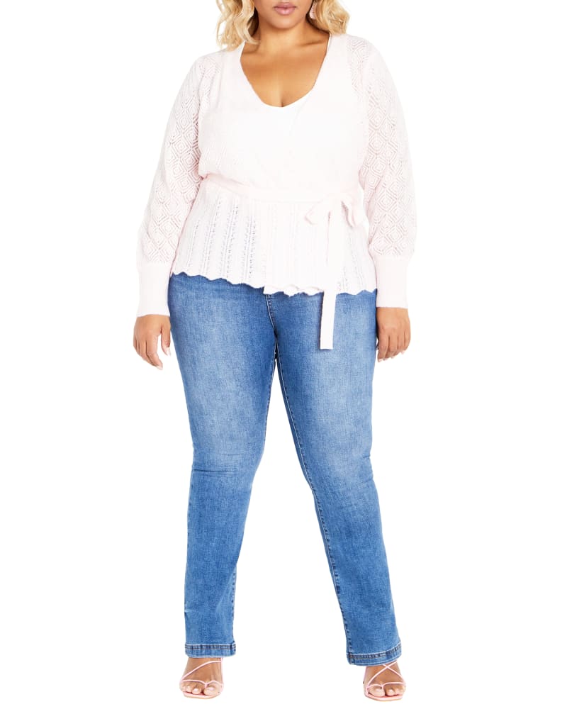 Front of a model wearing a size S Olivia Cardigan in Blushing Bride by City Chic. | dia_product_style_image_id:322764